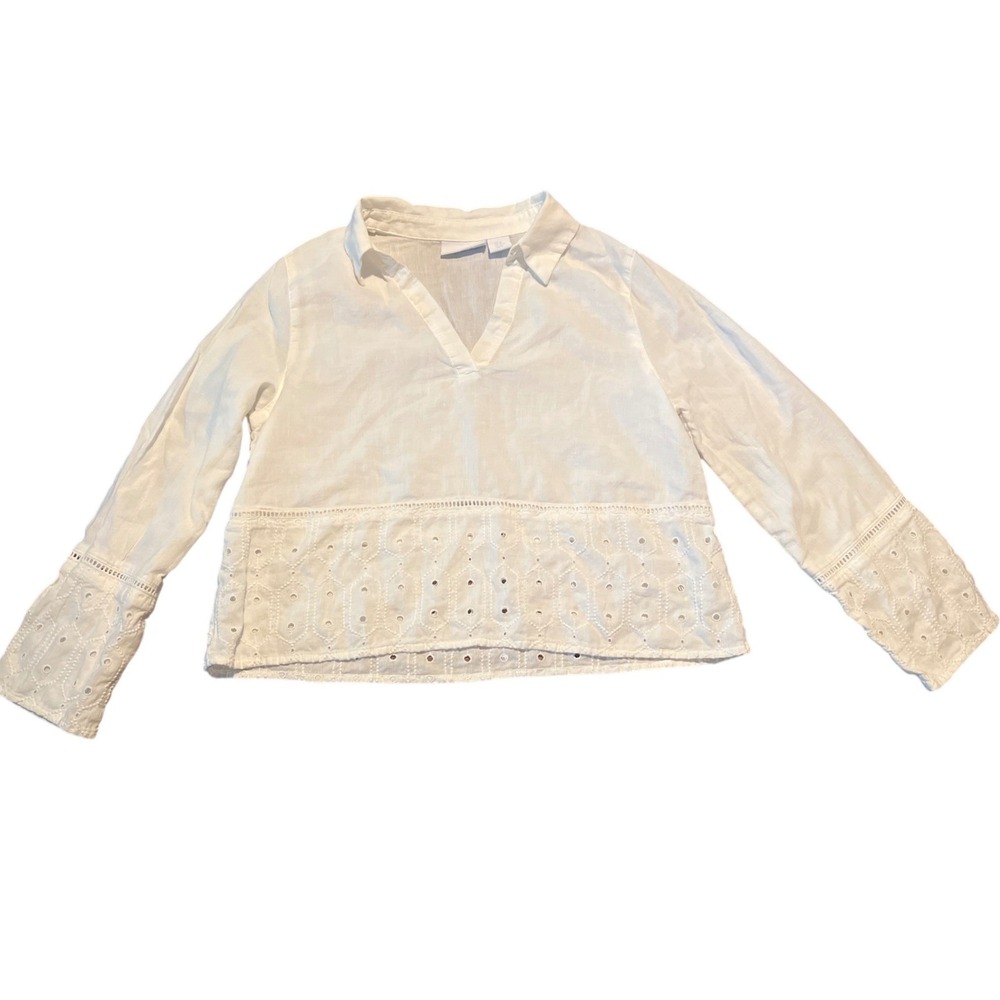 Martha Stewart Collection Womens White Linen Blend Eyelet Lace V-Neck Blouse M